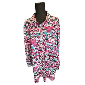 Ruby Rd. Woman Button Front Blouse 16W Multicolor Ikat Print Roll Tab Sleeve 148